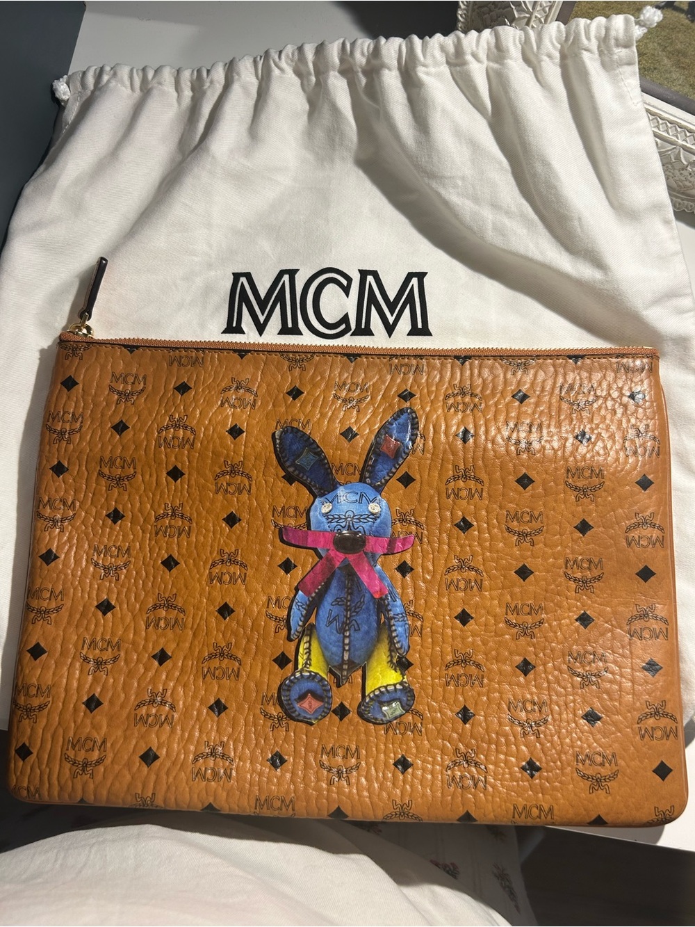 MCM Cognac Visetos Pouch with Blue Bunny Motif